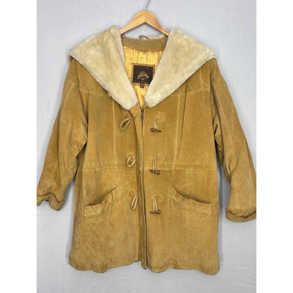 Adventure Bound Duffle Coat Mens Tan Suede Leather Hooded Zip XL Vintage Classic
